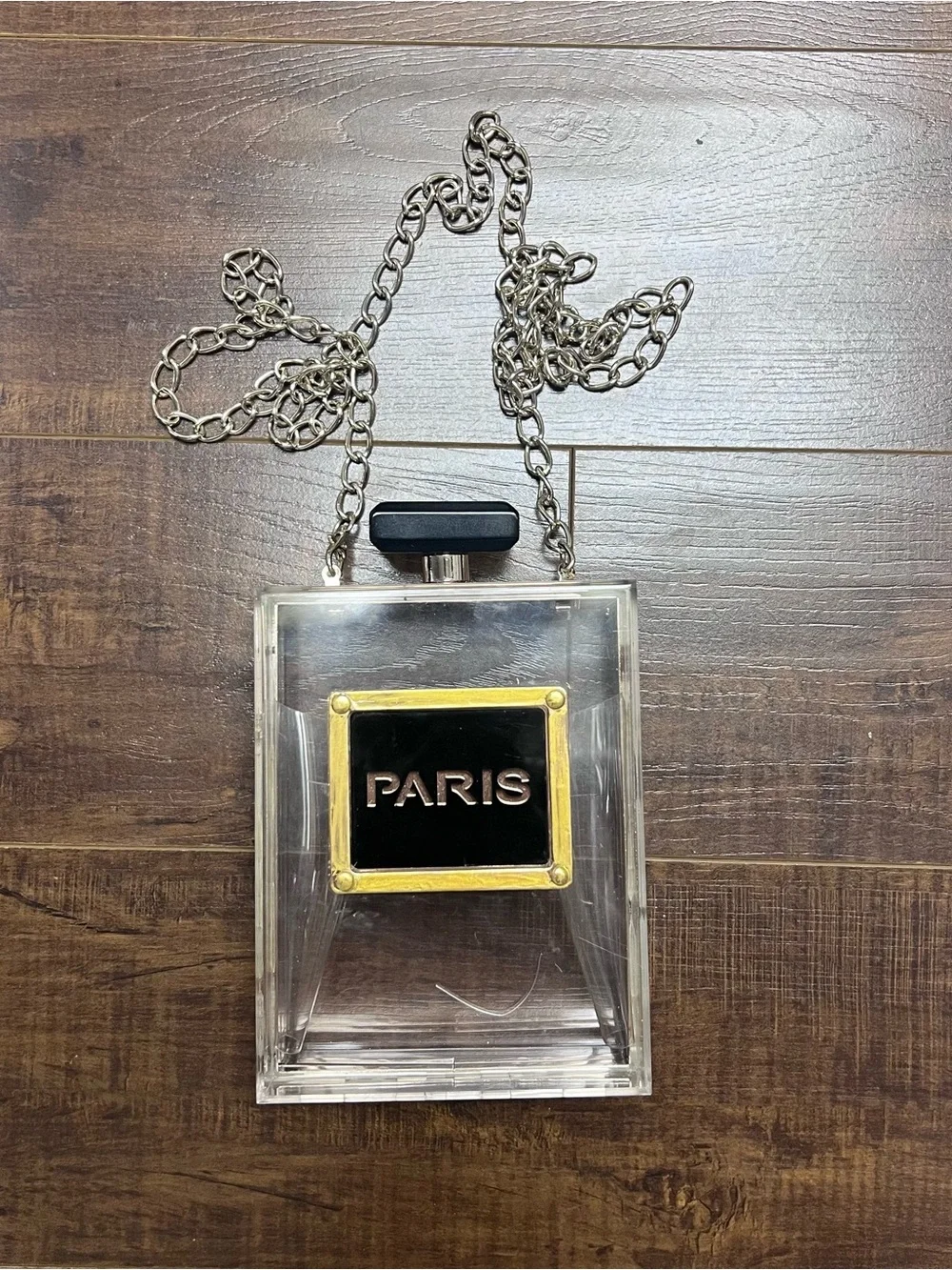 Clear Paris Perfume Bottle Cross Body Purse - Gold & Black Accents